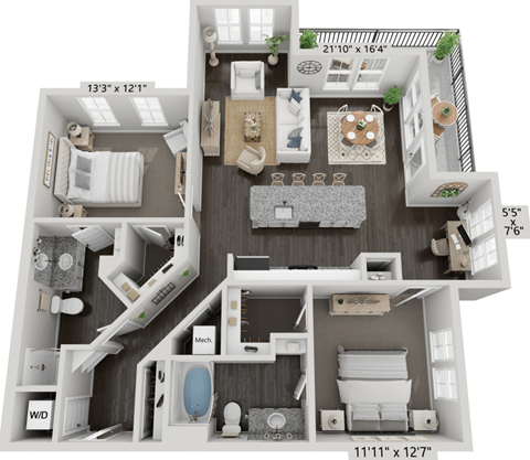Floor plan for 2 beds, 2 baths, 1211 sqft